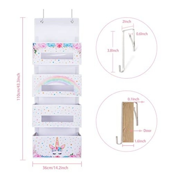 Unicorn Door Rear Hanging Storage Rack - 4 clear window pockets, suitable for baby girl storage, bathroom organization, toy and diaper storage.